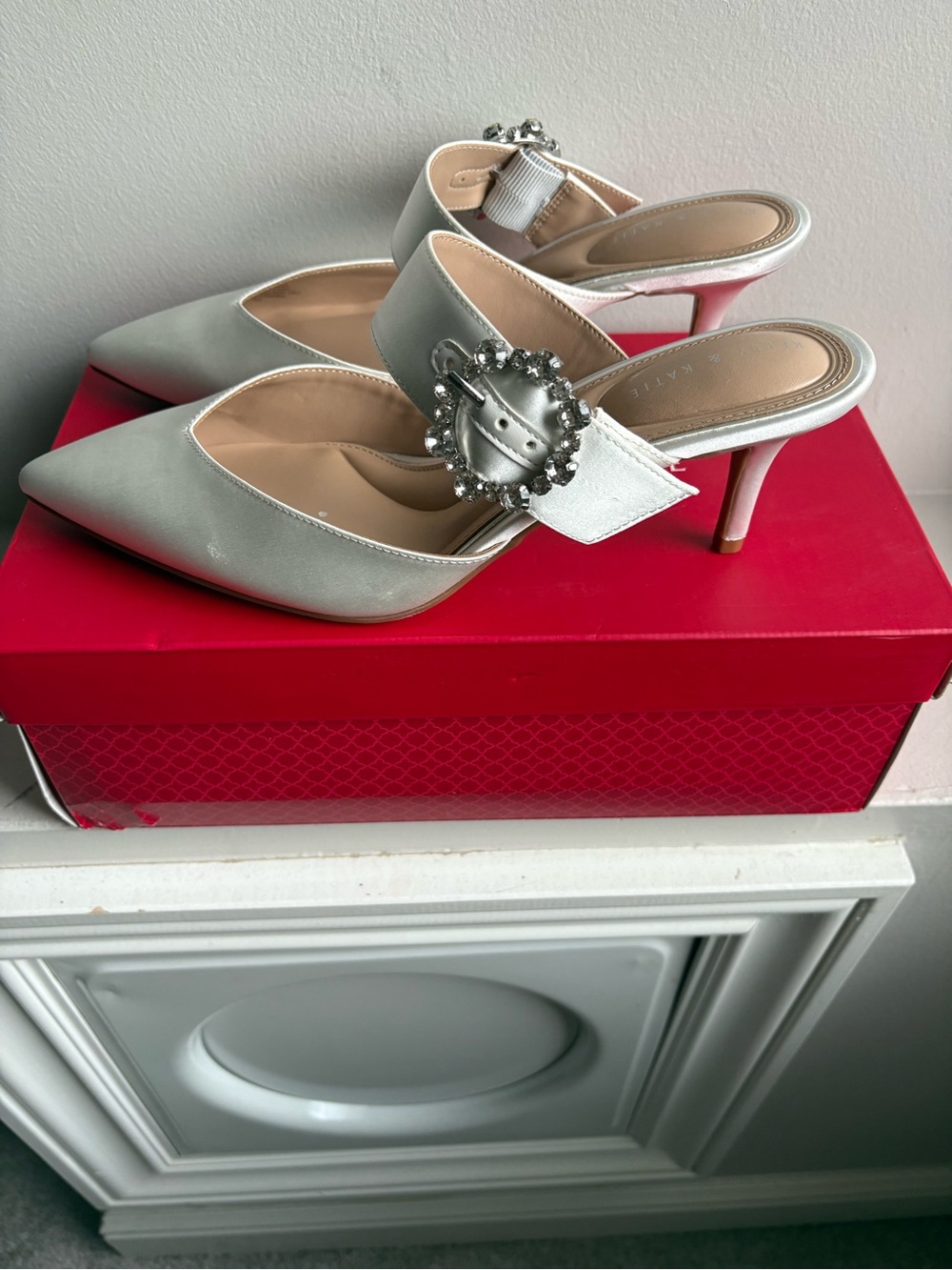 Kelly & Katie Silver Pointed Mule Heels with Crystal Buckle